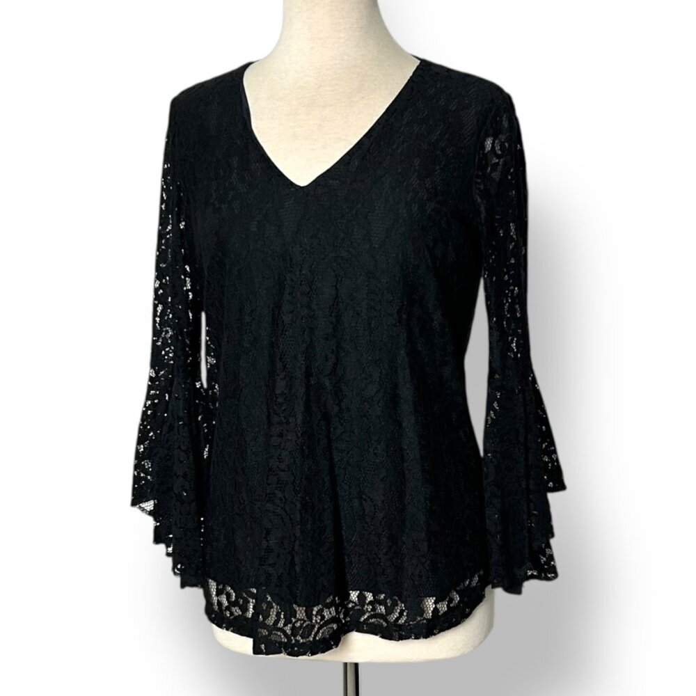 NWT Lola & Sophie Black Lace Pullover Top v-Neck Bell Sleeves Cowl Back Sz XS
